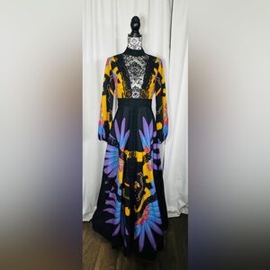 SHEIN Black Long Sleeve Lace Midi Dress with Purple & Yellow Floral Print